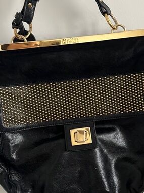 Badgley Mischka Black cowhide leather shoulder, Crossbody bag studded detail.